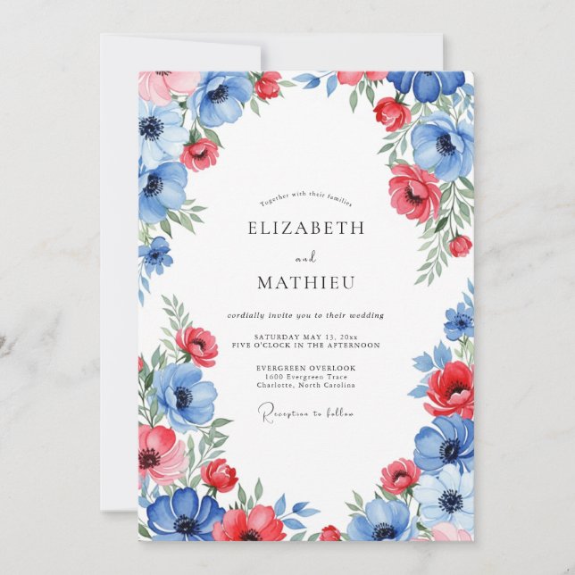 Convite Casamento Vermelho Azure Vibrante de Verão (Frente)