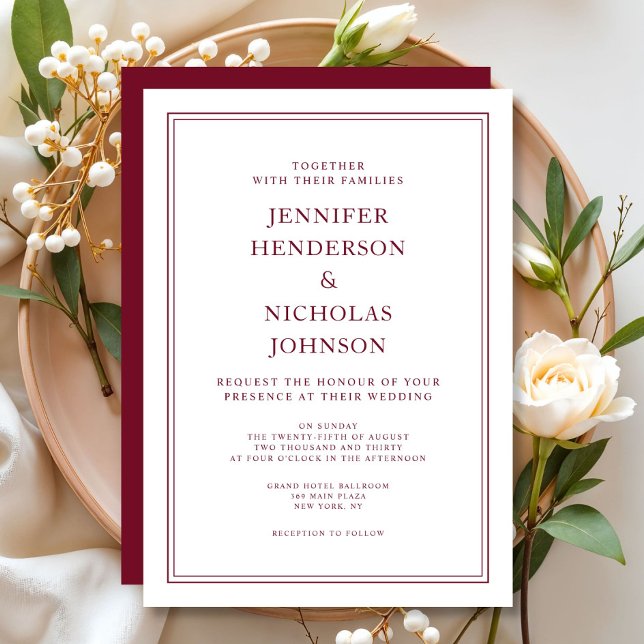 Convite Casamento Vermelho Borgonha Formal Elegante (Elegant Formal Burgundy Red Wedding Invitation)
