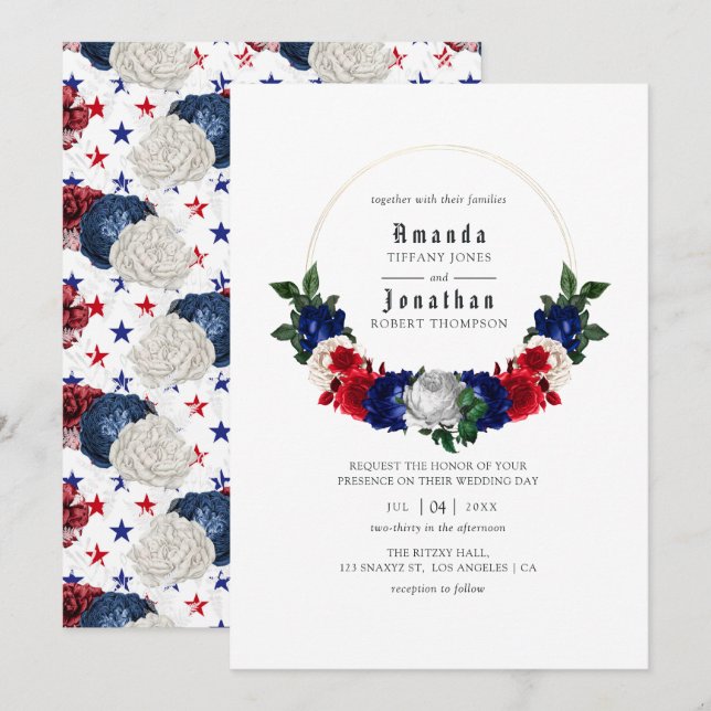 Convite Casamento Vermelho Branco e Azul no Dia 4 de Julho (Frente/Verso)