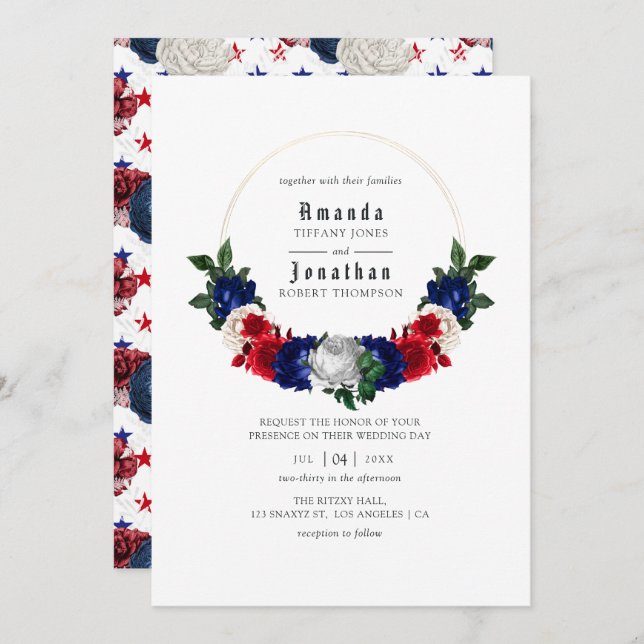 Convite Casamento Vermelho Branco e Azul Quarta de julho (Frente/Verso)