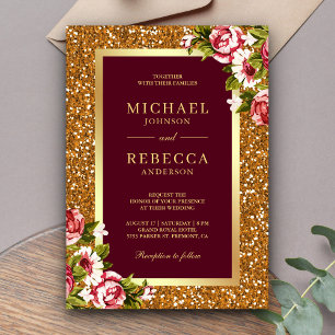 Convite Casamento Vermelho Brilhante Rosa Brilhante Dourad