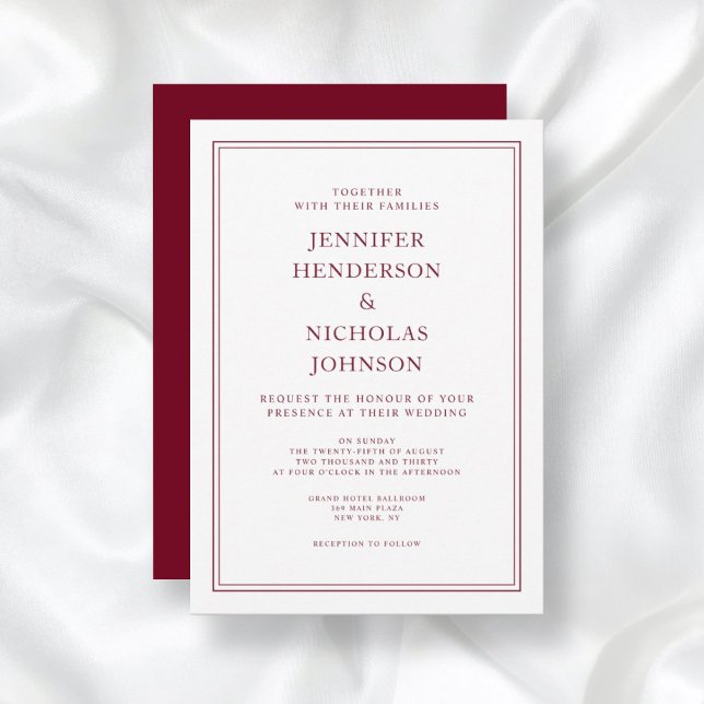 Convite Casamento Vermelho Burgundy Formal Elegante (Front/Back Elegant Formal Burgundy Red Wedding Invitation)