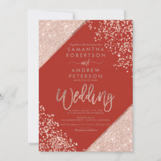 Convite Casamento vermelho chic confete brilho dourado ros