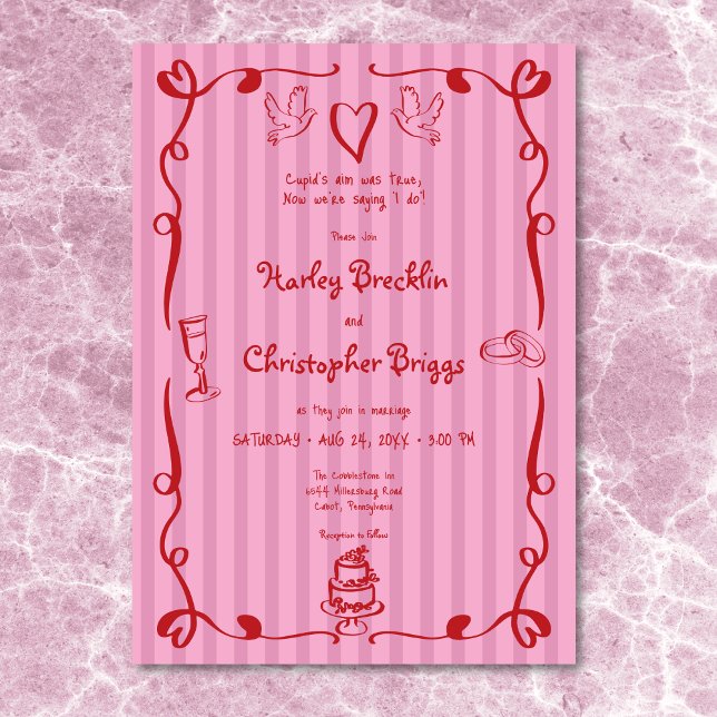 Convite Casamento Vermelho Cor-de-rosa com cruz desenhado  (Whimsical Retro Hand Drawn Stripe Pink Red Wedding Invitation)