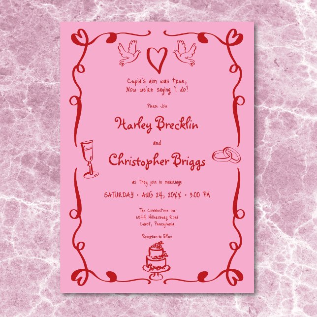 Convite Casamento Vermelho Cor-de-rosa Retrato Whimsical (Whimsical Retro Hand Drawn Pink Red Wedding Invitation)