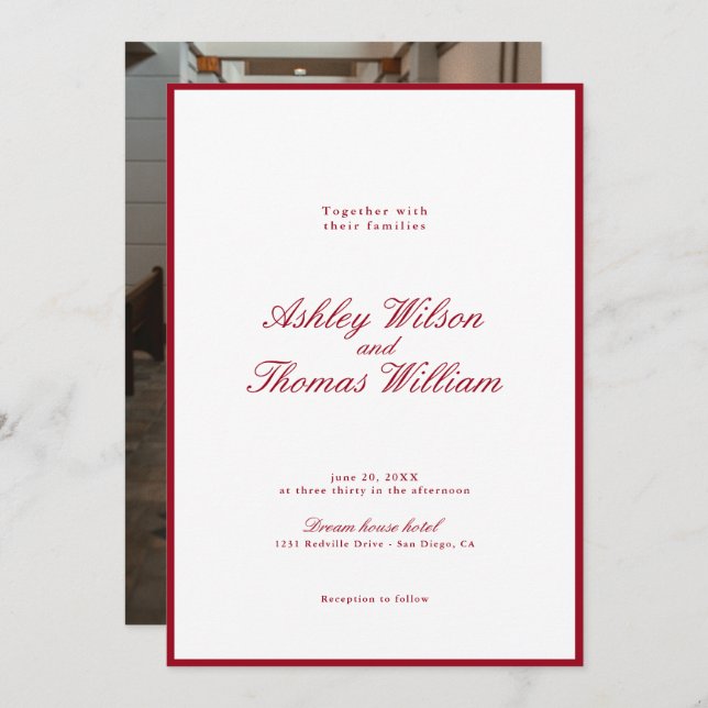 Convite Casamento Vermelho da Caligrafia Moderna (Frente/Verso)