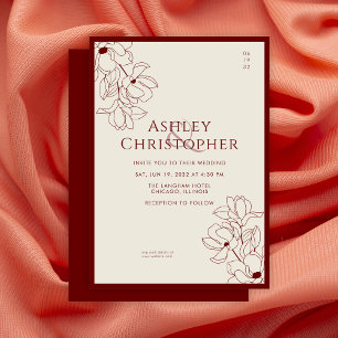 Convite Casamento Vermelho de Crimson Floral de Desenho Mo