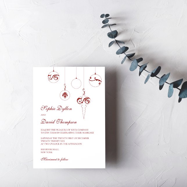 Convite Casamento Vermelho de inverno de Bauble de Natal (Christmas Baubles Wedding Invitation - Berry Red Winter Wedding)