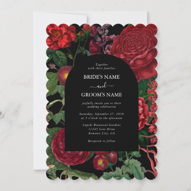 Convite Casamento Vermelho de Moody Florals Black Arch (Frente)