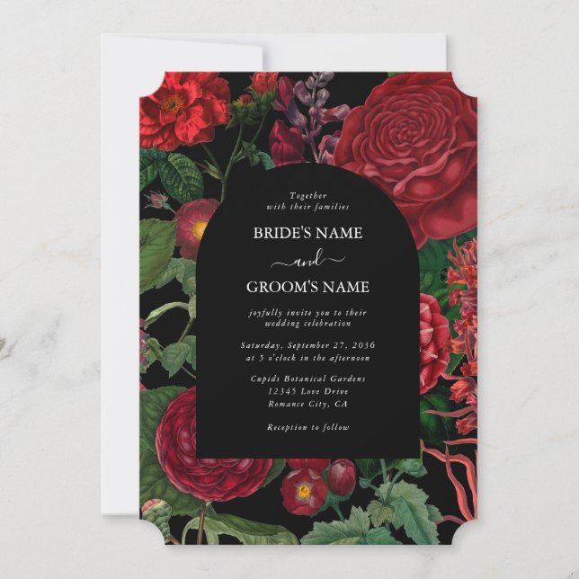 Convite Casamento Vermelho de Moody Florals Black Arch (Frente)
