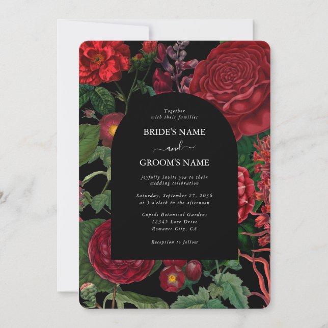 Convite Casamento Vermelho de Moody Florals Black Arch (Frente)
