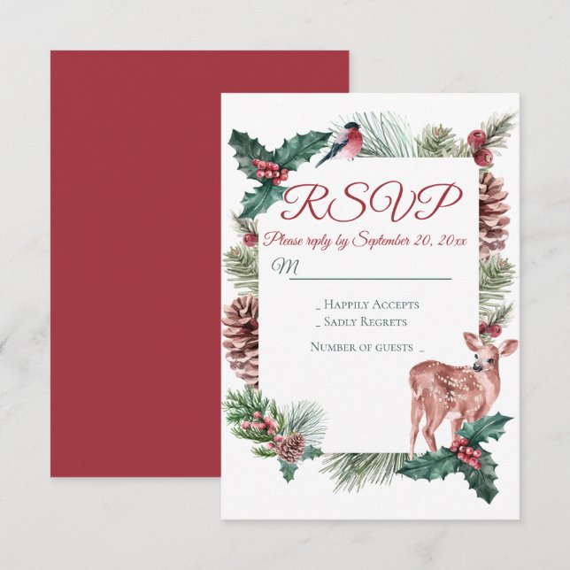 Convite Casamento Vermelho de Natal com Deer Floral (Frente/Verso)