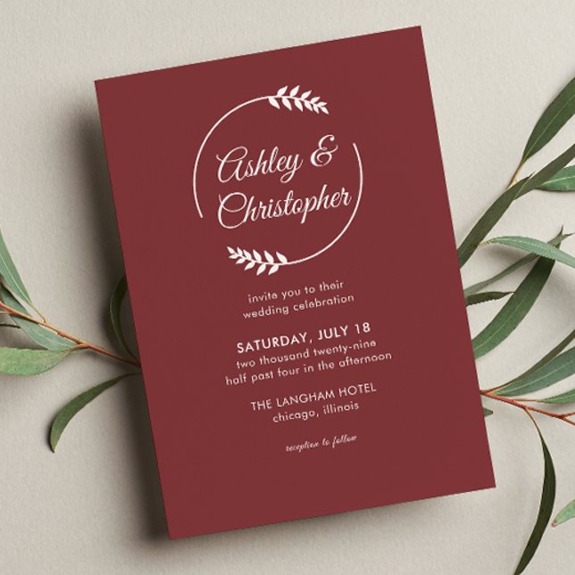 Convite Casamento Vermelho de Rosewood, Frame Foliar Moder (Criador carregado)