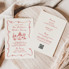 Convite Casamento Vermelho Desenhado à Mão Tudo em Um