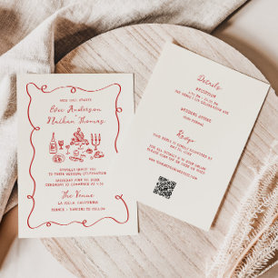 Convite Casamento Vermelho Desenhado à Mão Tudo em Um