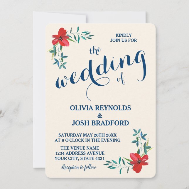 Convite Casamento Vermelho do Marinho de Aquarela Floral V (Frente)