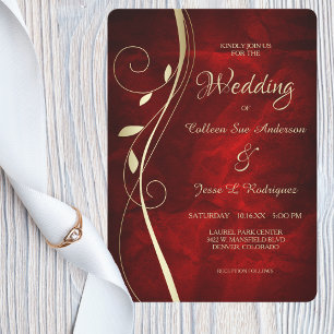 Convite Casamento Vermelho Dourado de Leaf Swirl