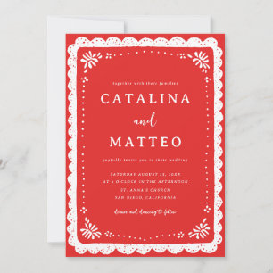 Convite Casamento Vermelho e Branco Boho com Papel Picado