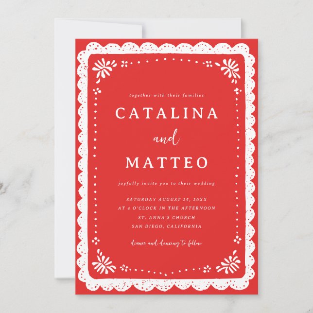Convite Casamento Vermelho e Branco Boho com Papel Picado  (Frente)