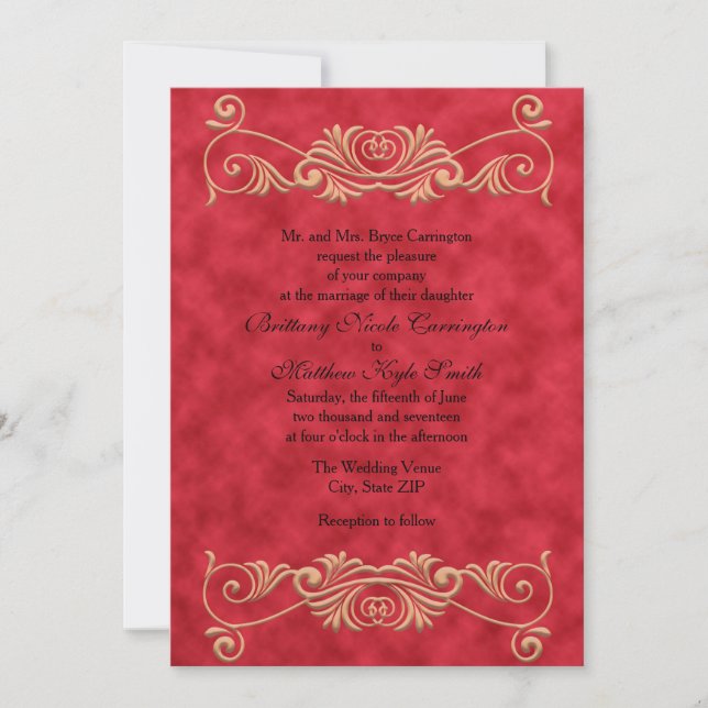 Convite Casamento Vermelho e Dourado Formal Elegante (Frente)