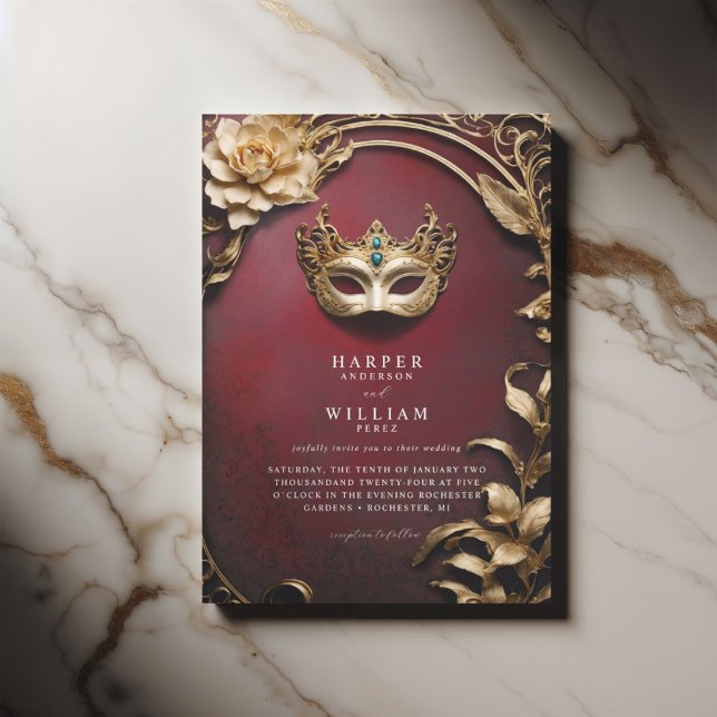 Convite Casamento vermelho e Mascarada de ouro entonado (ornated red wedding masquerade invitation, elegant with a vintage touch)