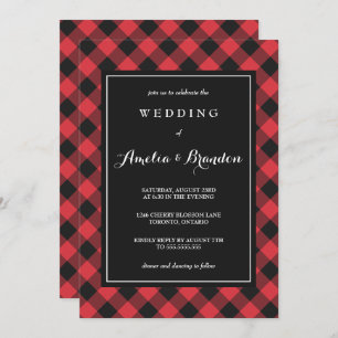 Convite Casamento Vermelho e Negro da Xadrez Bold Buffalo