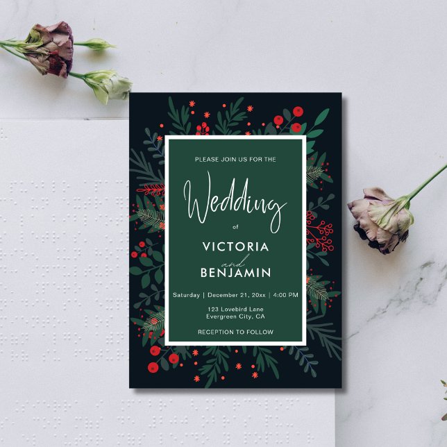 Convite Casamento Vermelho e Verde de Folhagem de Natal El (Elegant Christmas Foliage Red and Green Wedding Invitation)