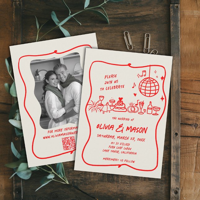 Convite Casamento Vermelho Ecru, Desenho Moderno Desenho À (hand drawn wedding invitation doodle illustration squiggle wavy frame modern funky unique red)