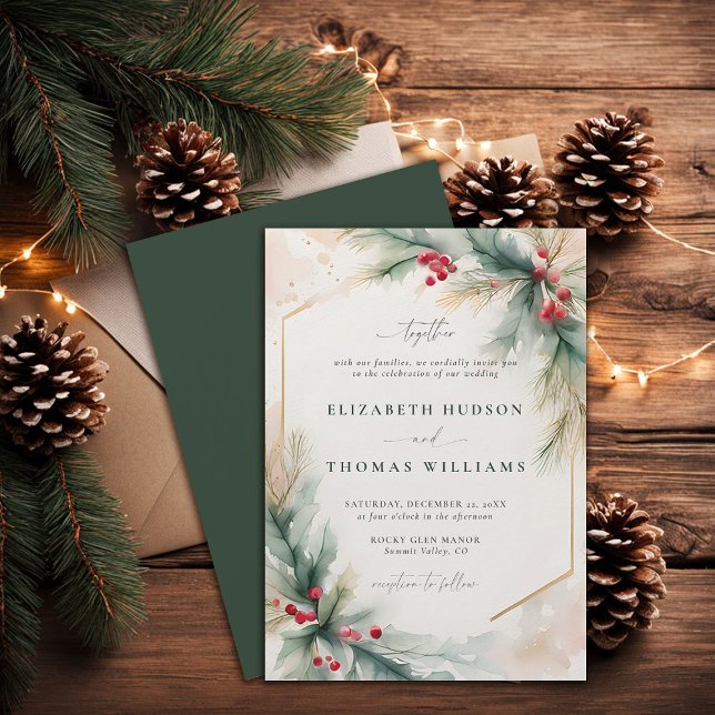 Convite Casamento Vermelho Elegante Vermelho de inverno Ve (winter wedding invitation christmas berries elegant rustic modern classic watercolor calligraphy)