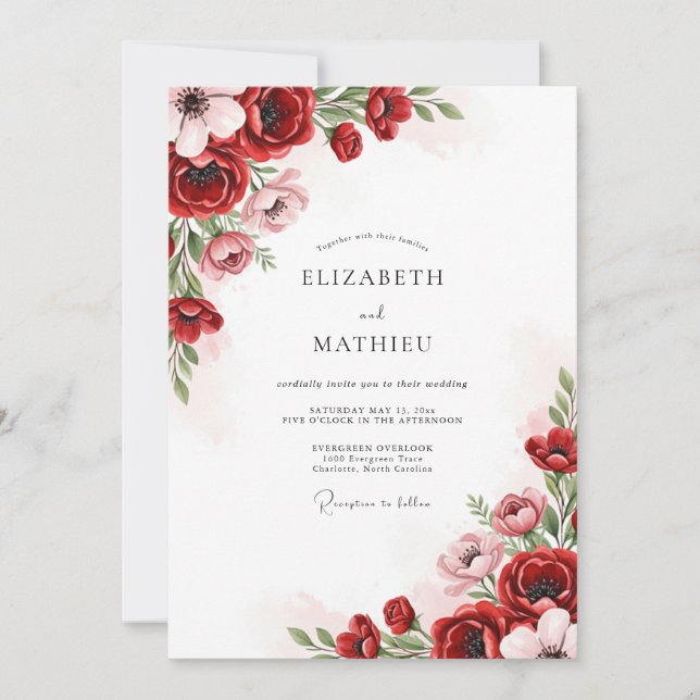 Convite Casamento Vermelho Esplêndido de Primavera (Frente)