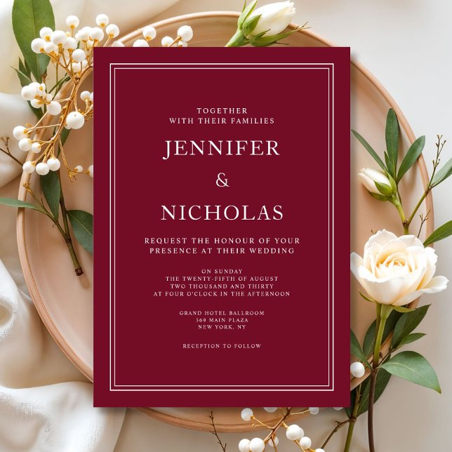 Convite Casamento Vermelho Formal Elegante Moderno (Modern Elegant Formal Burgundy Red Wedding Invitation)