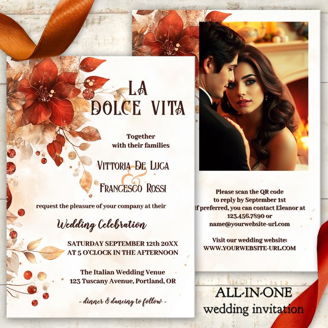 Convite Casamento Vermelho Italiano La Dolce Vita All-in-o (La dolce vita all-in-one wedding invitation featuring watercolor flowers in Italian red and orange)