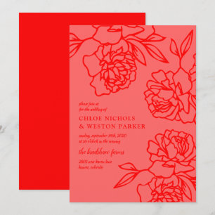 Convite Casamento Vermelho Moderno de Peônias Lápidas