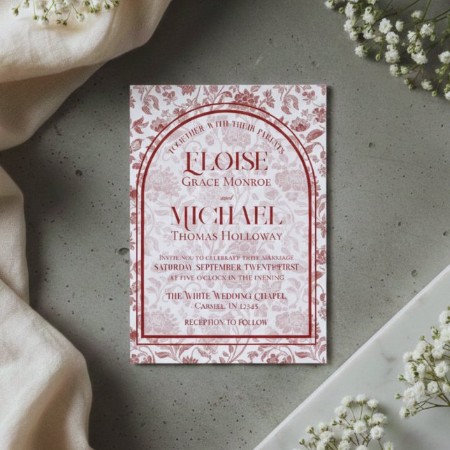 Convite Casamento Vermelho Monograma Floral Elegante Toile (Elegant Floral Toile Script Monogram Red Wedding Invitation)