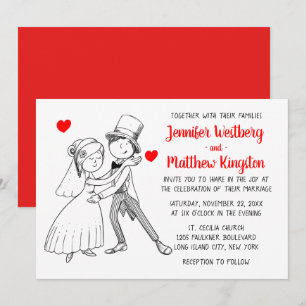 Convite Casamento Vermelho Noiva Noivo Cartoon Vintage Mod