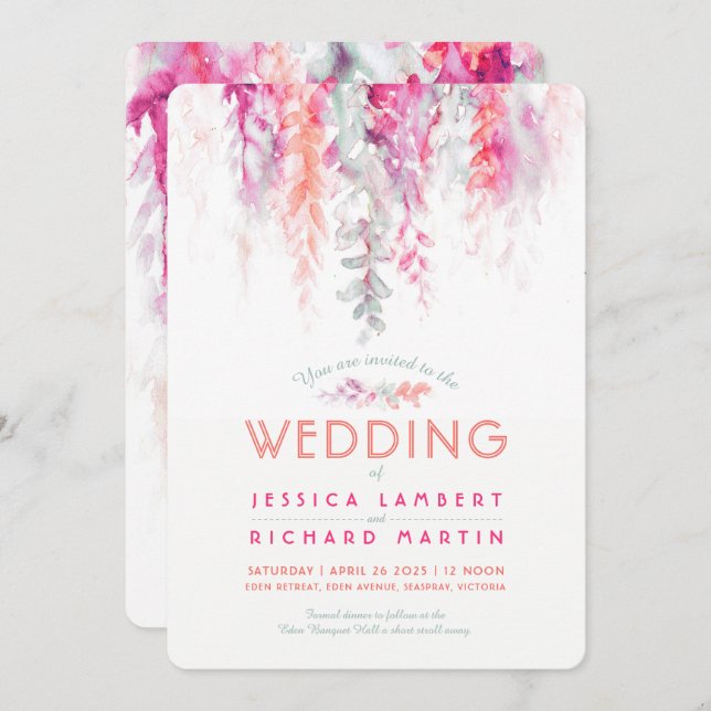 Convite Casamento vermelho-rosa-rosa verde-castanho (Frente/Verso)