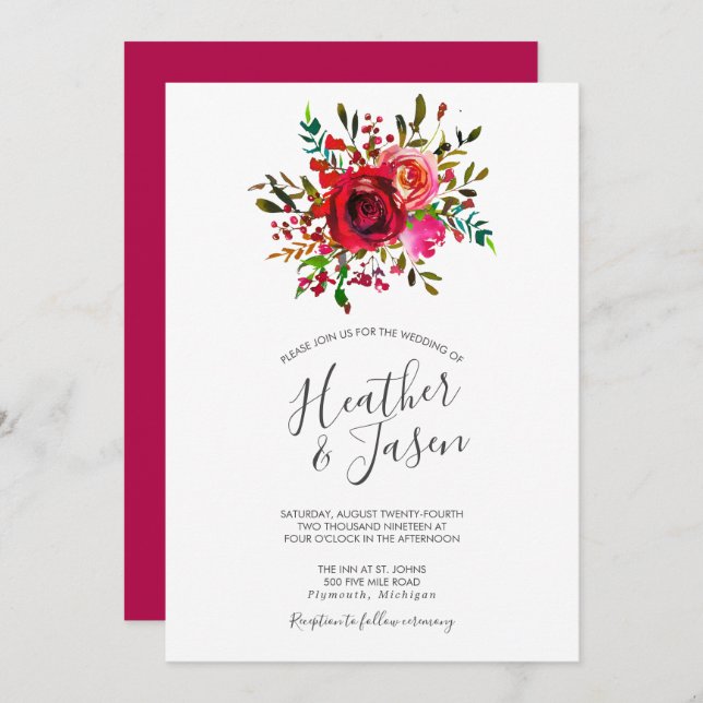 Convite Casamento Vermelho Rosa Ruby Bonito (Frente/Verso)