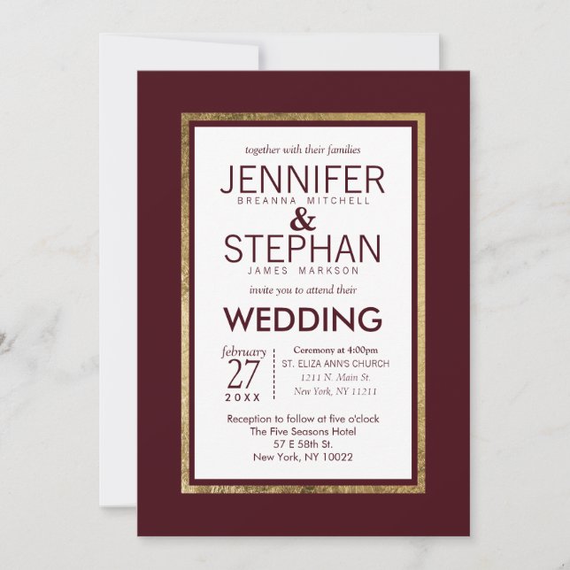 Convite Casamento Vermelho Simples e Dourado Linda Burgund (Frente)