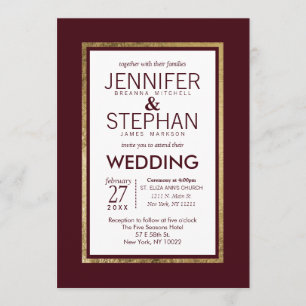 Convite Casamento Vermelho Simples e Dourado Linda Burgund