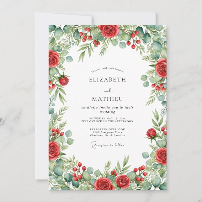 Convite Casamento Vermelho Verdante de Natal (Frente)