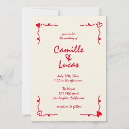 Convite Casamento Vermelho Whimsical Retro Manuscrito