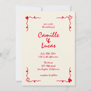 Convite Casamento Vermelho Whimsical Retro Manuscrito