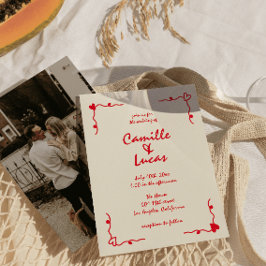 Convite Casamento Vermelho Whimsical Retro Manuscrito