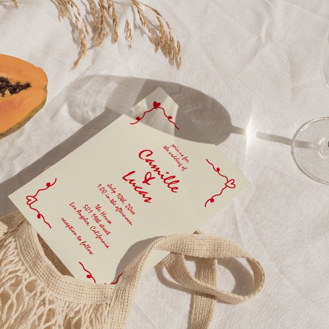 Convite Casamento Vermelho Whimsical Retro Manuscrito (Criador carregado)