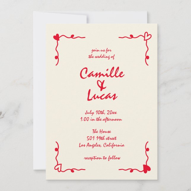 Convite Casamento Vermelho Whimsical Retro Manuscrito (Frente)