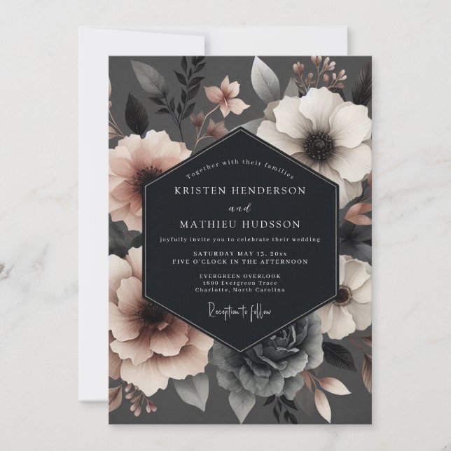 Convite Casamento Vesper Bloom com Rubor de Carvão (Frente)