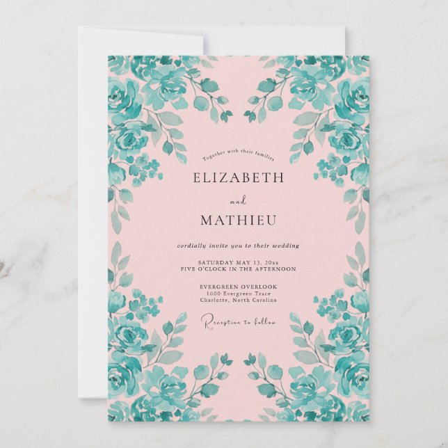Convite Casamento Vibrante com Aquarela Rosa e Turquesa (Frente)