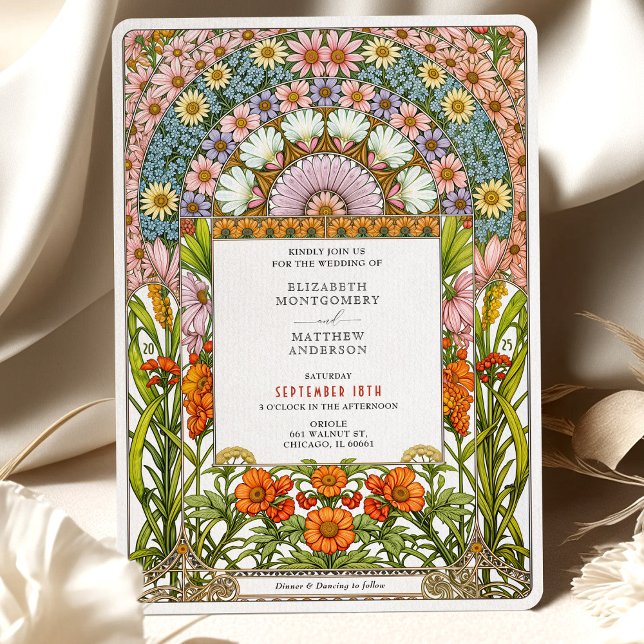 Convite Casamento Vibrante Daisy & Orange Blossom Art Nouv (Criador carregado)