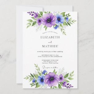 Convite Casamento Vibrante de Anêmona Azul Roxo