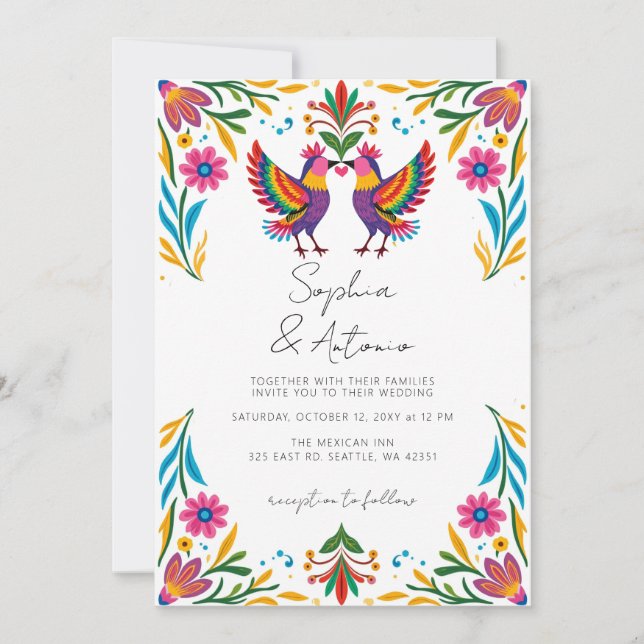 Convite Casamento Vibrante De Aves Mexicanas Otomi Floral  (Frente)